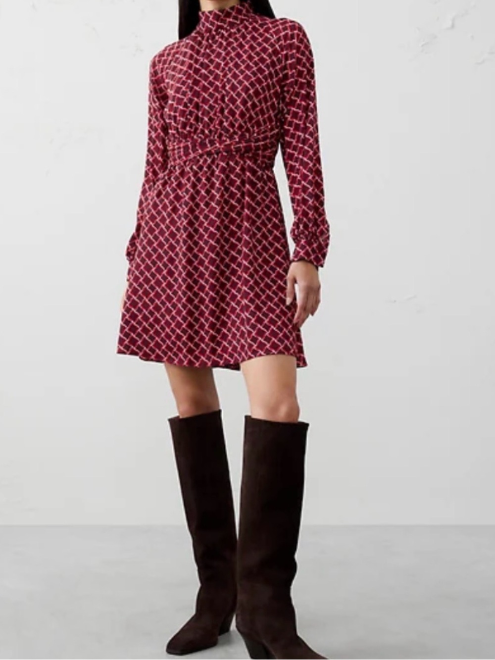 Banana Republic Factory Burgundy Geo-Print Long-Sleeve Dress